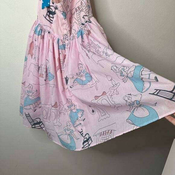 Cute Alice In Wonderland Print Pink & Blue Flowy Halter Top Apron Dress Zip SM - Picture 10 of 11